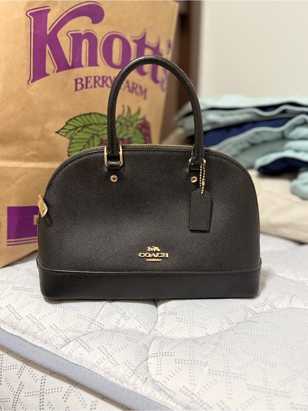 Coach Black Saffiano Dome Satchel with Gold Accents